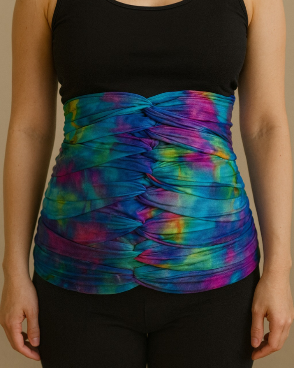 Watercolour bengkung belly wrap with soft pastel postpartum style.